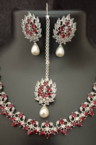 Red white cz stones pearls 4 pc bridal jewellery set