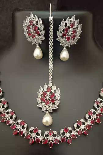 Red white cz stones pearls 4 pc bridal jewellery set