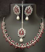 Red white cz stones pearls 4 pc bridal jewellery set
