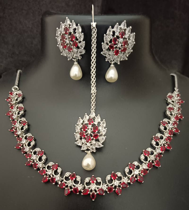 Red white cz stones pearls 4 pc bridal jewellery set
