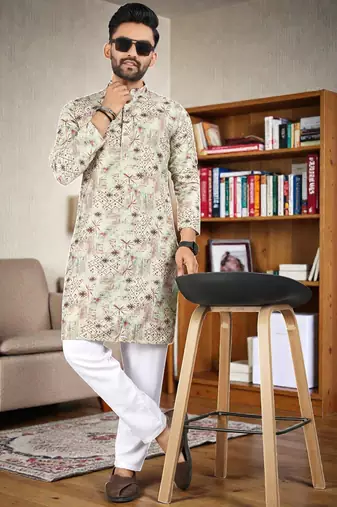  Beige crochet embroidered  men's rayon   kurta