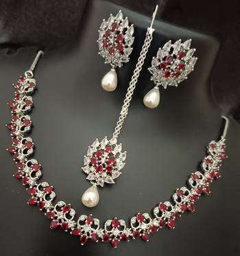 Red white cz stones pearls 4 pc bridal jewellery set 2