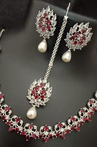 Red white cz stones pearls 4 pc bridal jewellery set