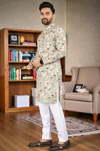  Beige crochet embroidered  men's rayon   kurta