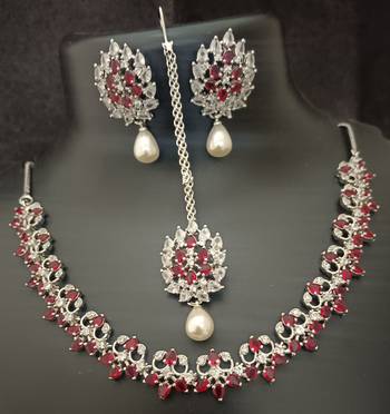 Red white cz stones pearls 4 pc bridal jewellery set 3