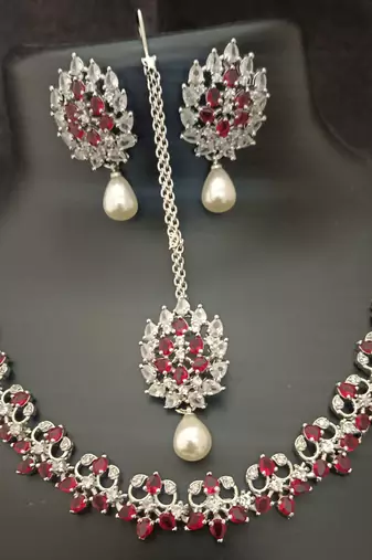Red white cz stones pearls 4 pc bridal jewellery set