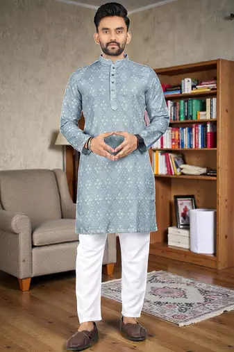  sky blue  crochet embroidered  men's rayon   kurta