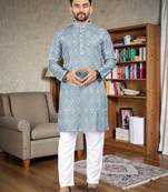  sky blue  crochet embroidered  men's rayon   kurta
