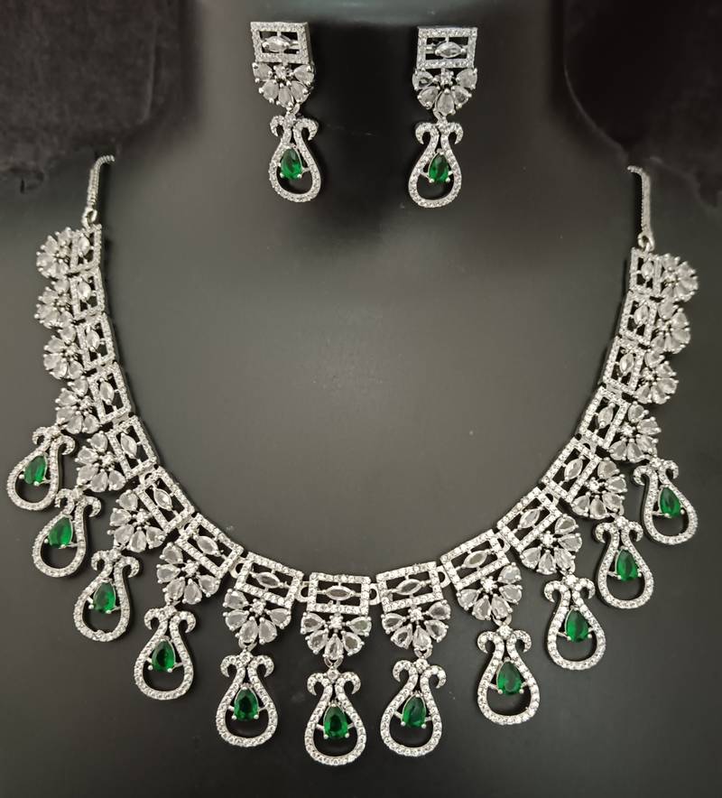 Cz emerald green white exclusive designer bridal jewellery set