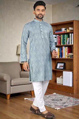  sky blue  crochet embroidered  men's rayon   kurta