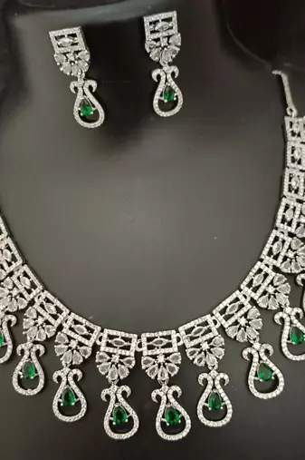 Cz emerald green white exclusive designer bridal jewellery set
