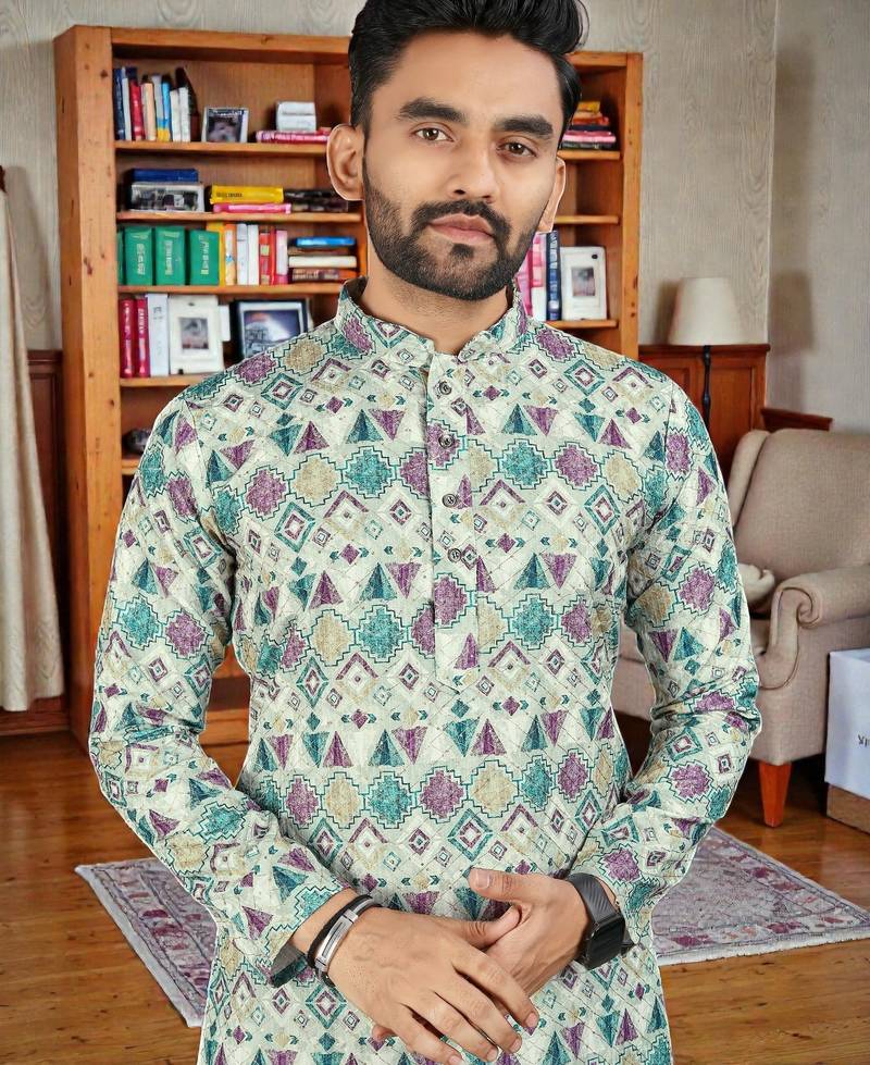  Multicolor crochet embroidered  men's rayon   kurta