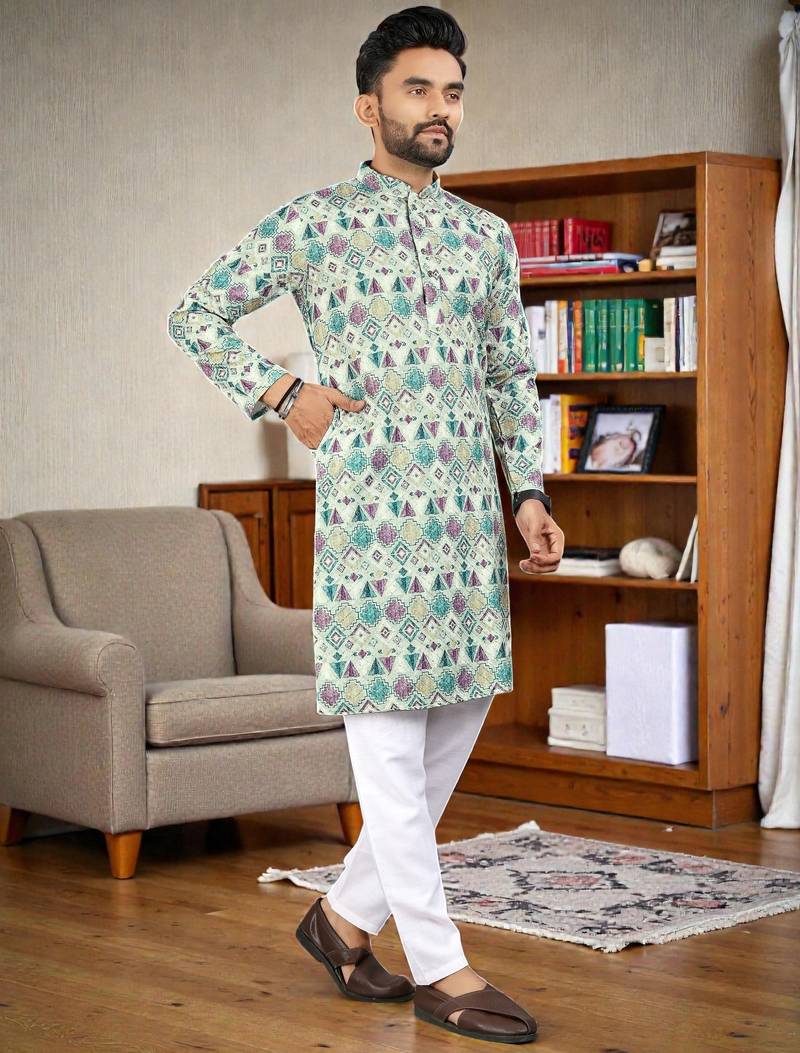  Multicolor crochet embroidered  men's rayon   kurta