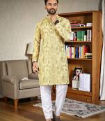  yellow  crochet embroidered  men's rayon   kurta