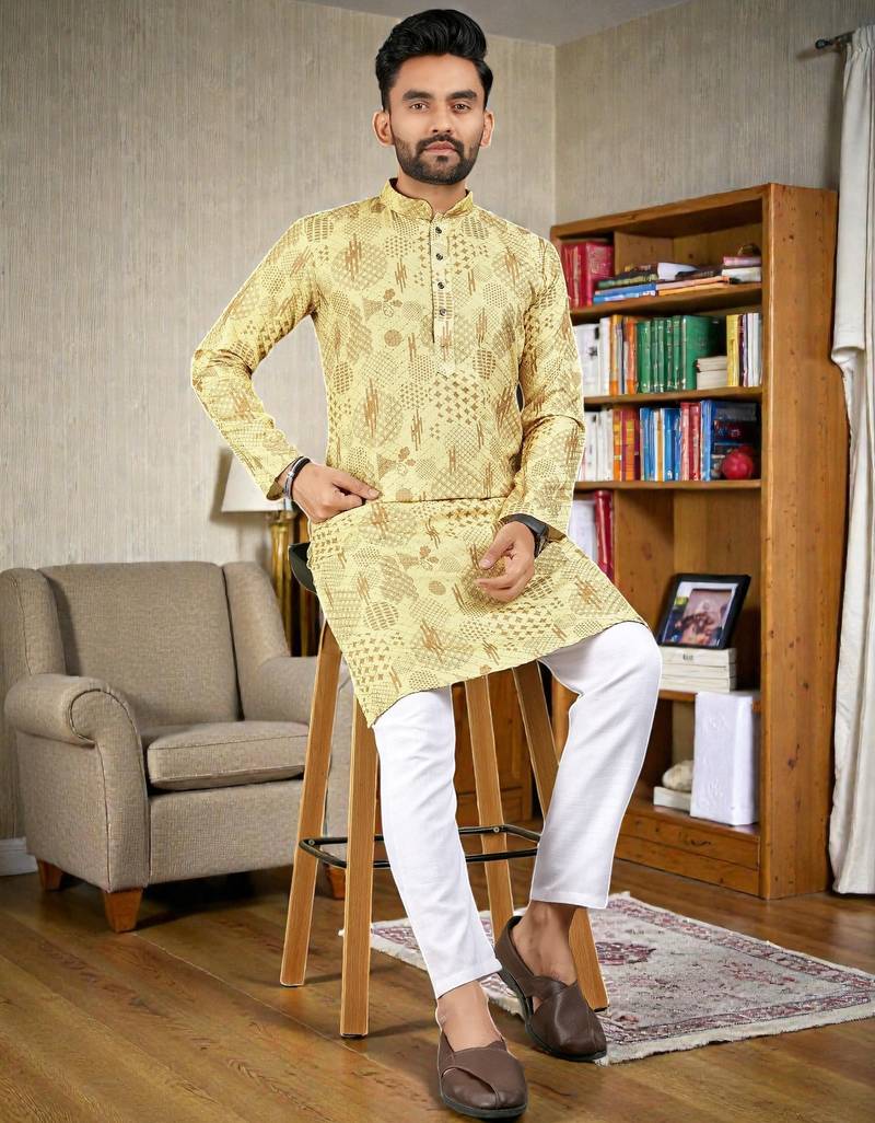  yellow  crochet embroidered  men's rayon   kurta