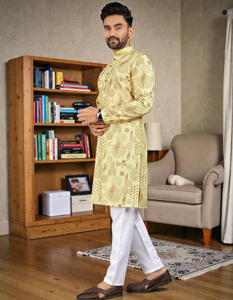  yellow  crochet embroidered  men's rayon   kurta