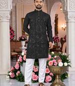  black  embroidered men's  silk kurta