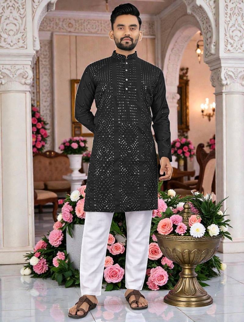  black  embroidered men's  silk kurta