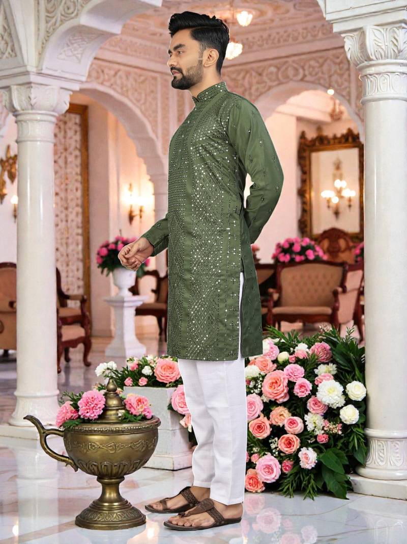  mahendi  embroidered men's  silk kurta