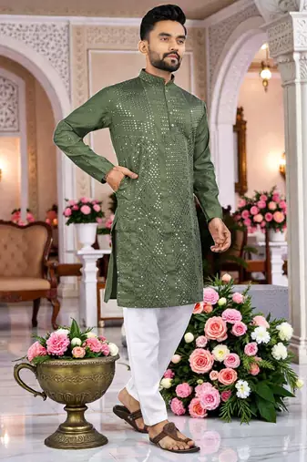  mahendi  embroidered men's  silk kurta