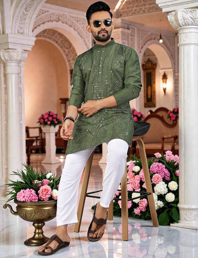  mahendi  embroidered men's  silk kurta