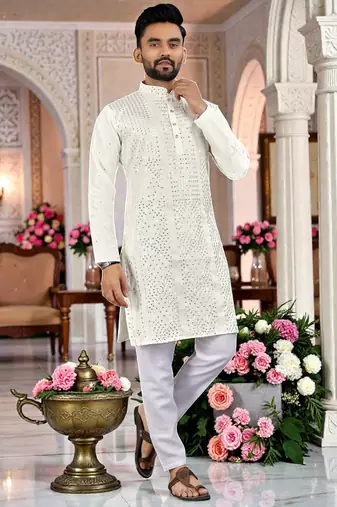  white  embroidered men's  silk kurta
