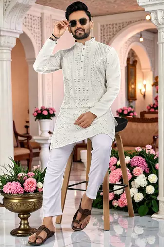  white  embroidered men's  silk kurta