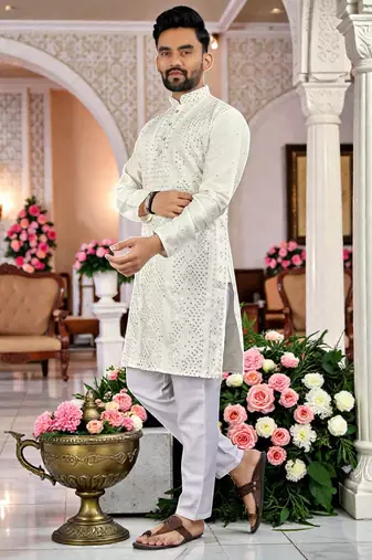  white  embroidered men's  silk kurta