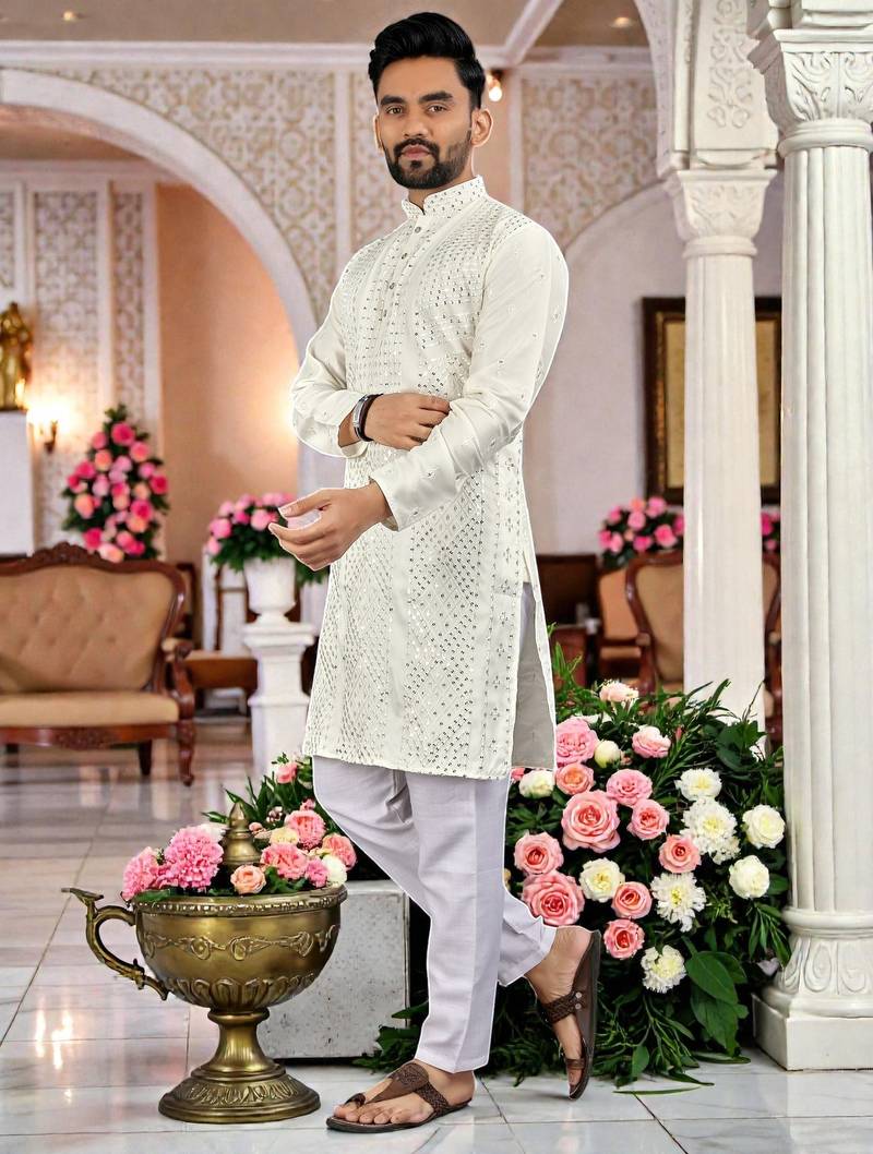  white  embroidered men's  silk kurta
