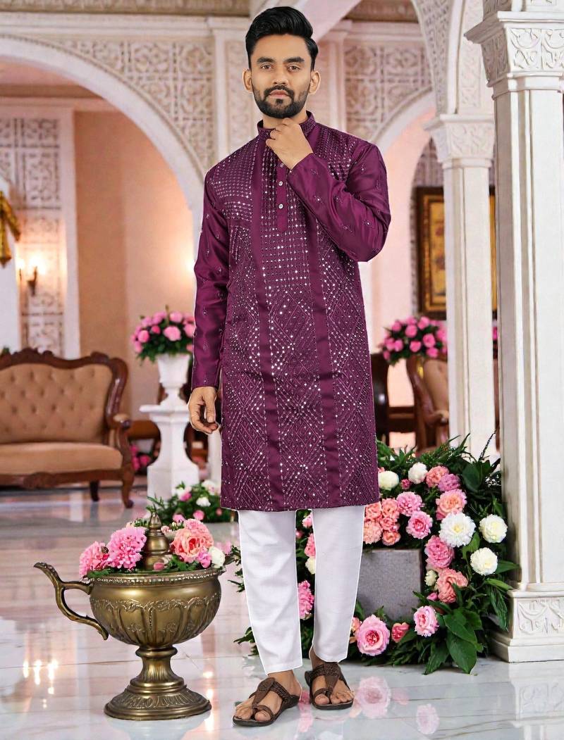  wine  embroidered men's  silk kurta