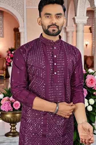  wine  embroidered men's  silk kurta