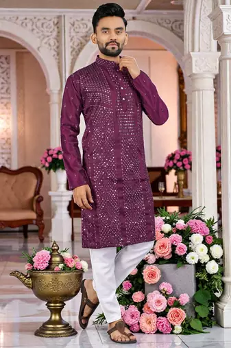  wine  embroidered men's  silk kurta