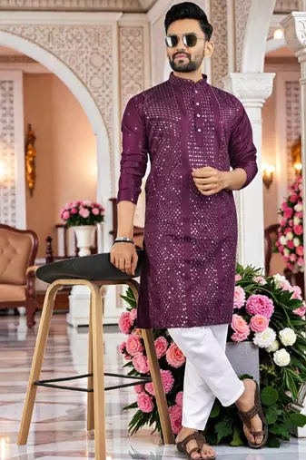 wine  embroidered men's  silk kurta