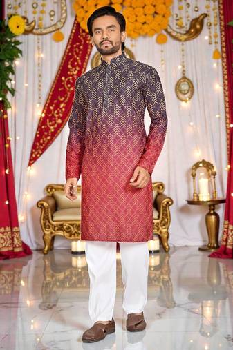  Multicolor crochet embroidered men's  rayon kurta