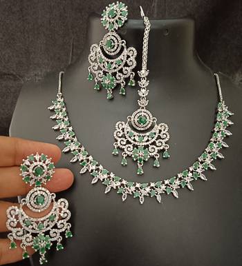 Cz emerald green white 4pc bridal jewellery set 2