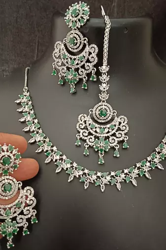 Cz emerald green white 4pc bridal jewellery set