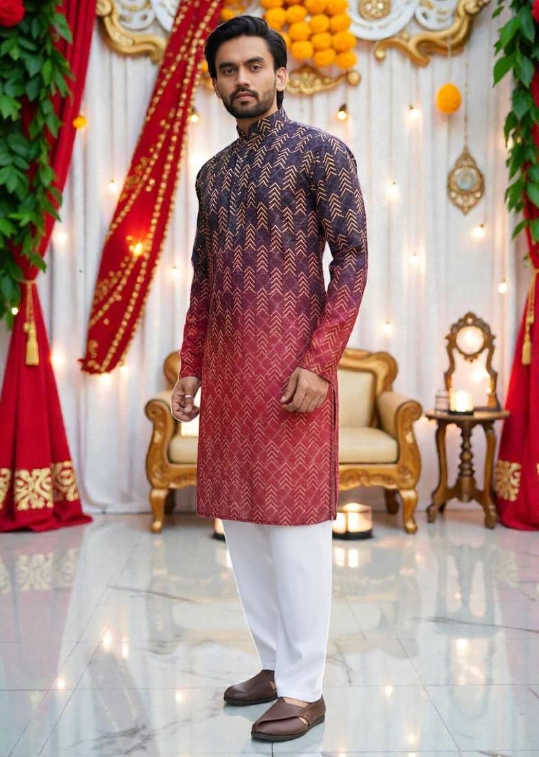  Multicolor crochet embroidered men's  rayon kurta