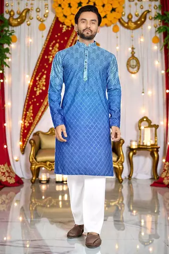  blue crochet embroidered men's  rayon kurta