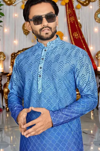  blue crochet embroidered men's  rayon kurta