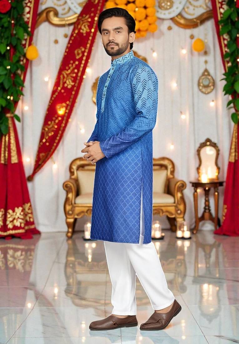 blue crochet embroidered men's  rayon kurta