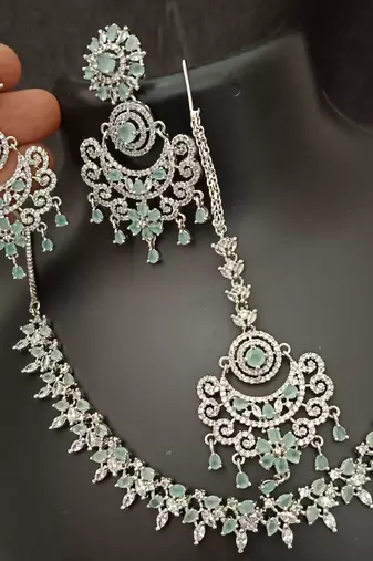 Cz mint green white 4pc bridal jewellery set