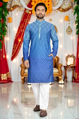 blue crochet embroidered men's  rayon kurta