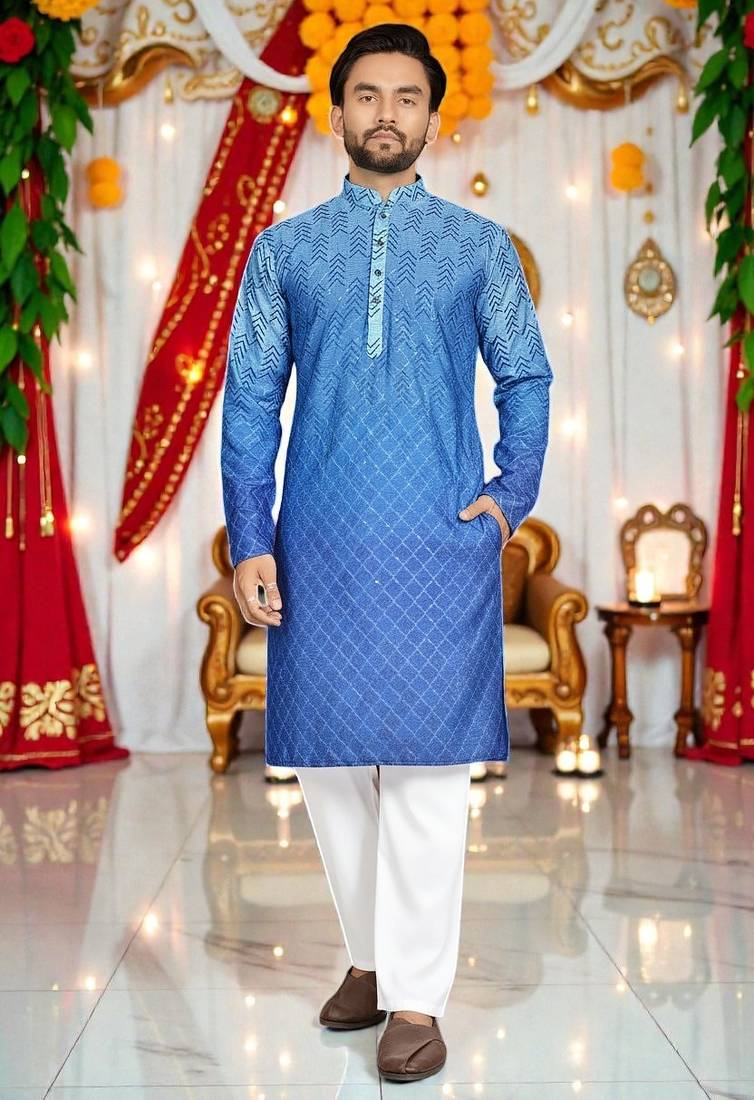  blue crochet embroidered men's  rayon kurta