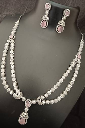 Cz pink white layered long jewellery set