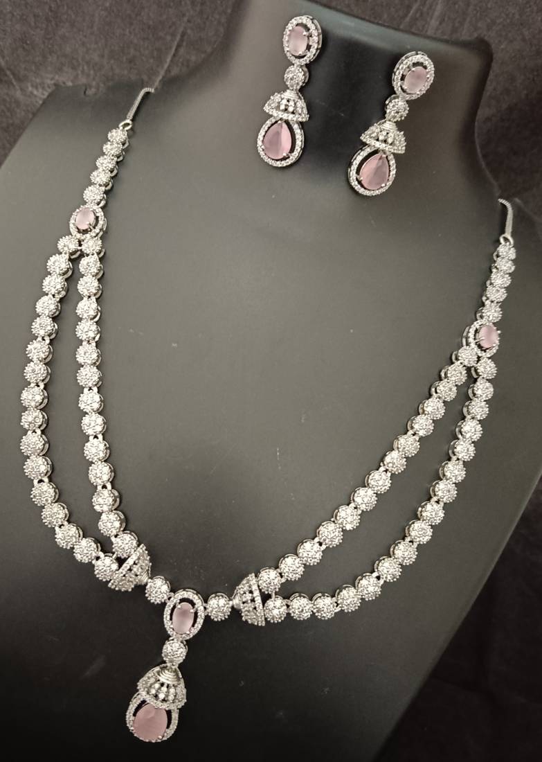 Cz pink white layered long jewellery set