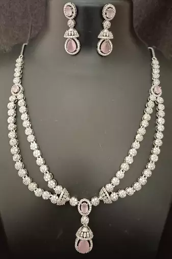 Cz pink white layered long jewellery set