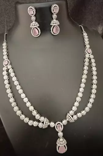 Cz pink white layered long jewellery set