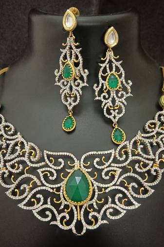 Cz emerald white vilandi kundan exclusive jewellery set