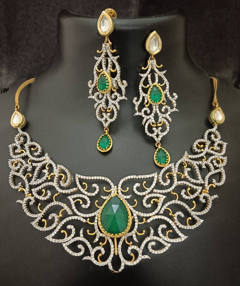 Cz emerald white vilandi kundan exclusive jewellery set