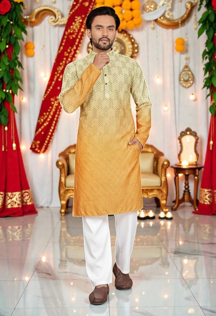  Multicolor crochet embroidered men's  rayon kurta